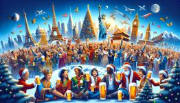 DALL·E 2023-12-23 19.30.45 - A global Christmas beer party, depicting people from various countries around the world celebrating together. The scene shows iconic landmarks from di.png